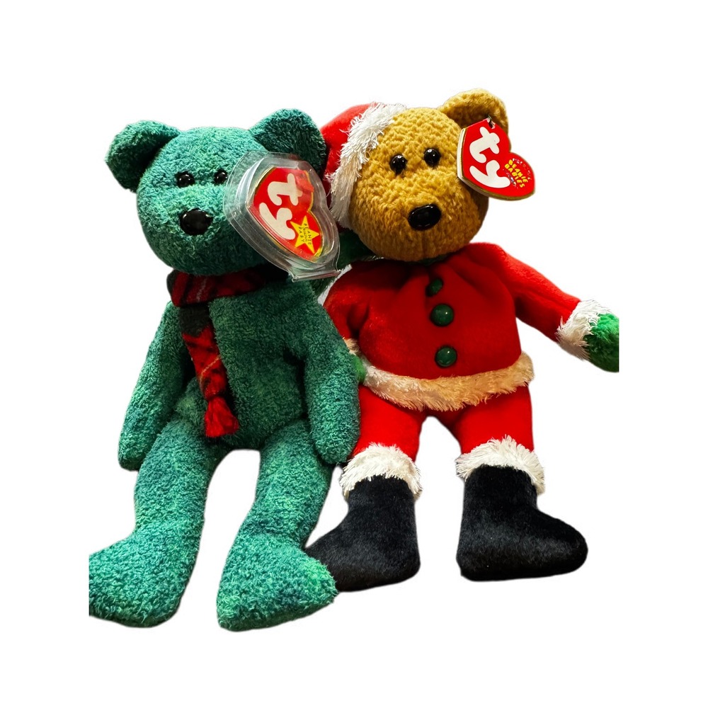 Ty Beanie Baby Wallace Green Bear & Kringle Christmas Bear Plush Stuffed Animal